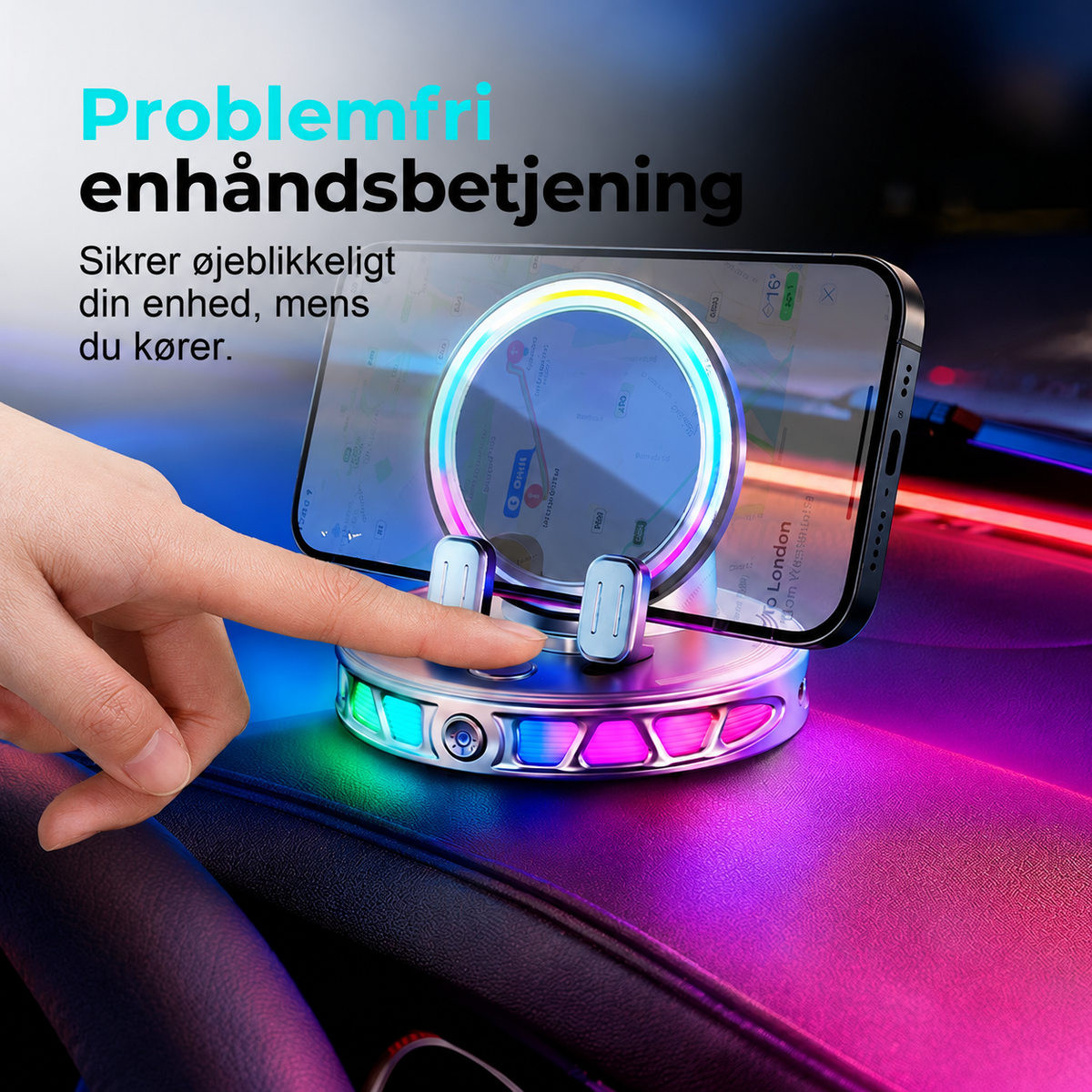🌈 50 % rabat! 🚗 360° roterbar bilholder med trådløs opladning og RGB-stemningsbelysning