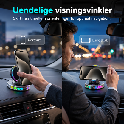 🌈 50 % rabat! 🚗 360° roterbar bilholder med trådløs opladning og RGB-stemningsbelysning