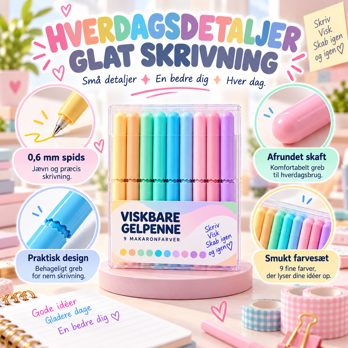 🏆 50 % RABAT! ✨ Sæt med 9 gelpenne, der kan viskes ud, i flere farver