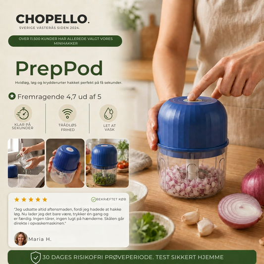 Chopello™ – PrepPod – Ledningsfri mini-hakker til hvidløg, løg og krydderurter på få sekunder