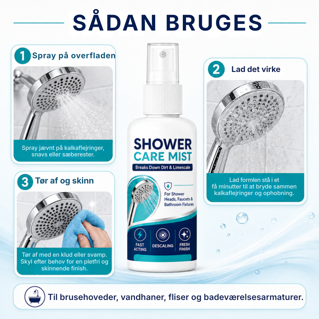 Hurtigtvirkende kalkfjernerspray til bruseren