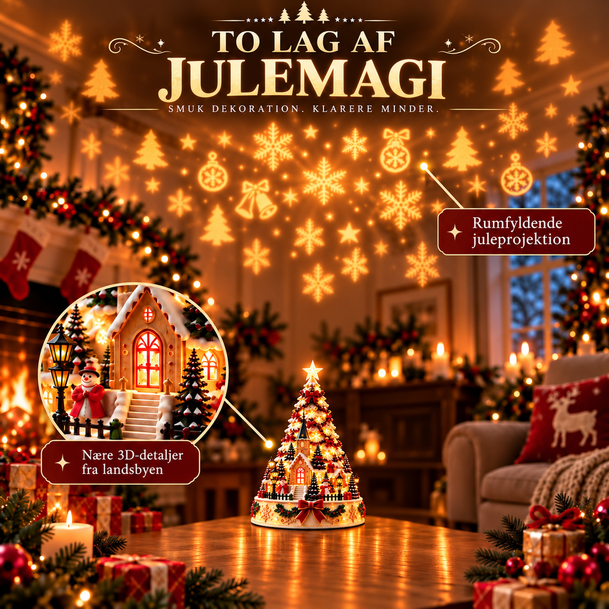 50 % rabat 🎄 Juleby-projektion som borddekoration – 4 temabyer – 🏘️ Klassisk landsby
