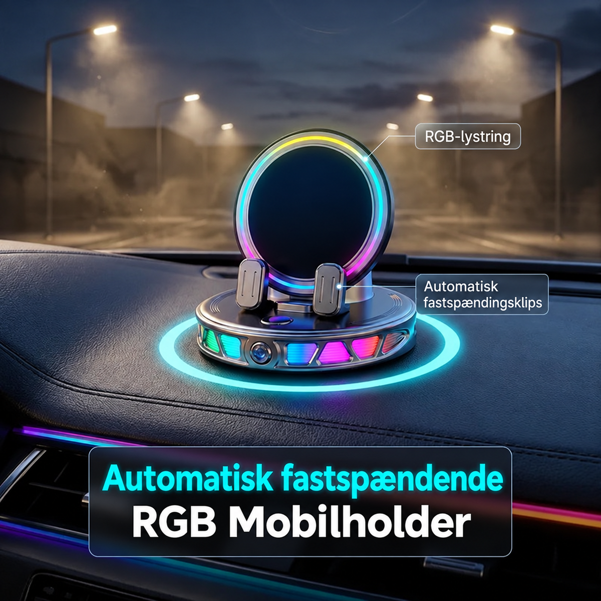 🌈 50 % rabat! 🚗 360° roterbar bilholder med trådløs opladning og RGB-stemningsbelysning