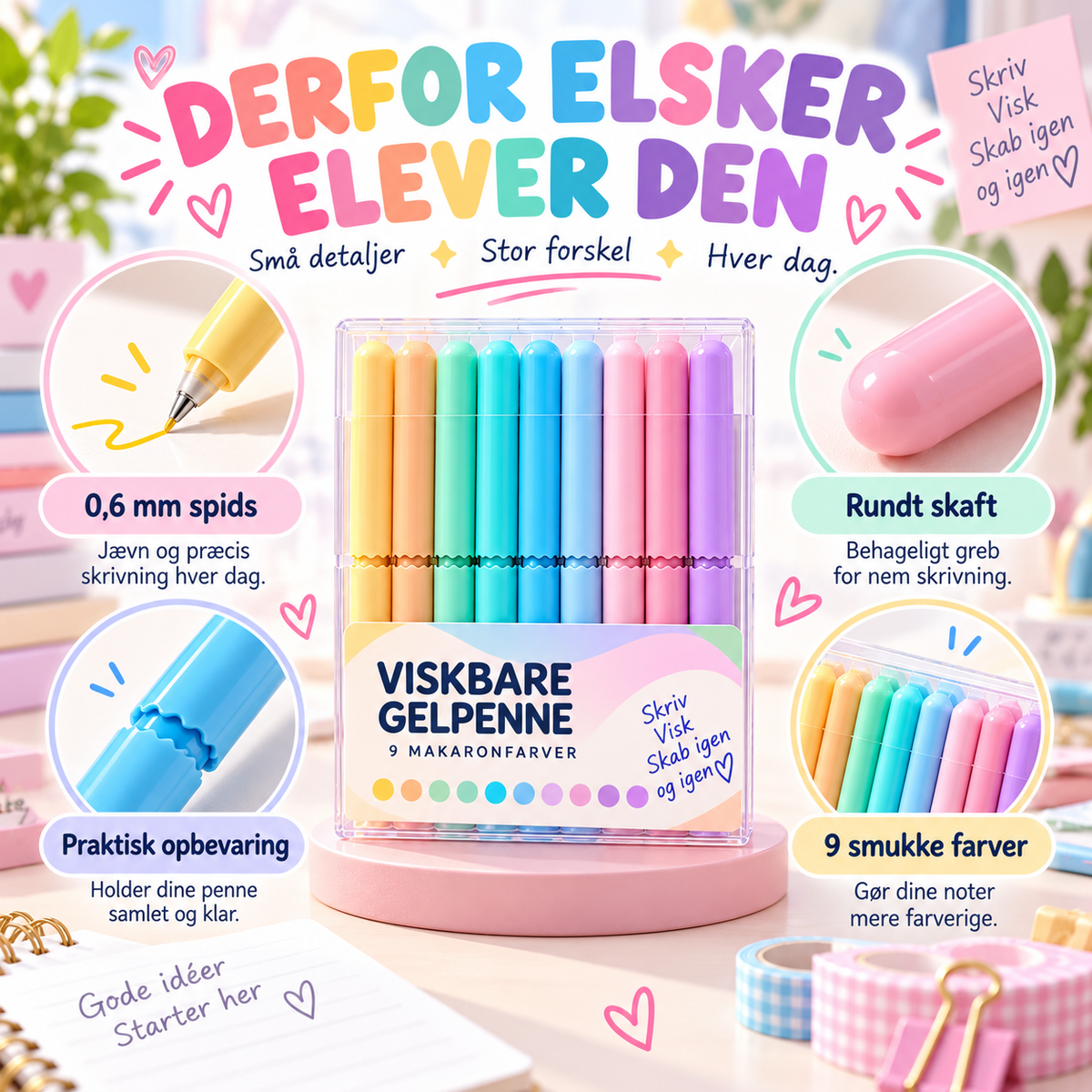🏆 50 % RABAT! ✨ Sæt med 9 gelpenne, der kan viskes ud, i flere farver