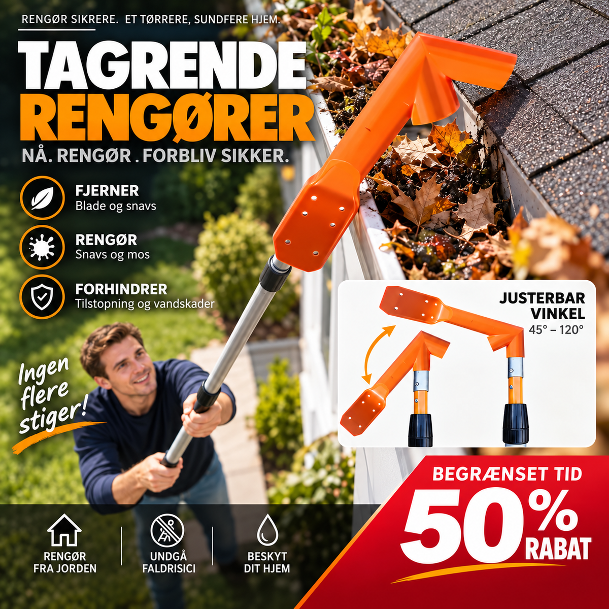 🔧 MIDLERTIDIG 50 % RABAT! ✨ Værktøj til rengøring af tagrender uden stige