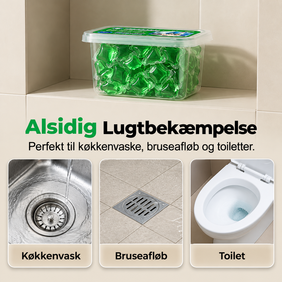 Bioenzym-kapsler til fjernelse af lugt i afløbet