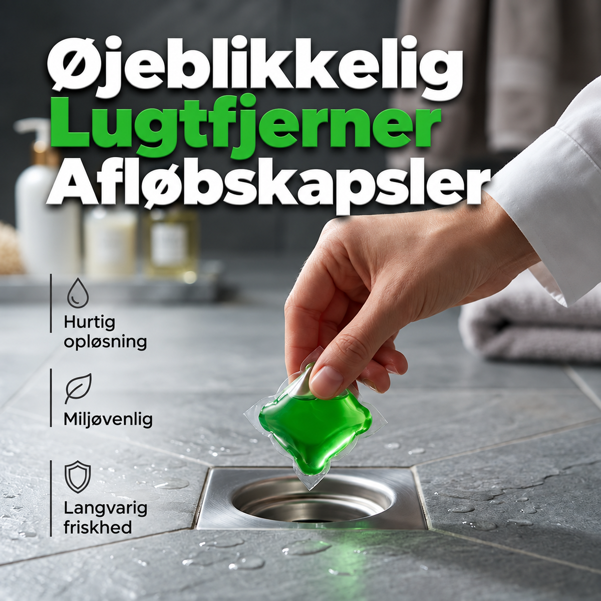Bioenzym-kapsler til fjernelse af lugt i afløbet
