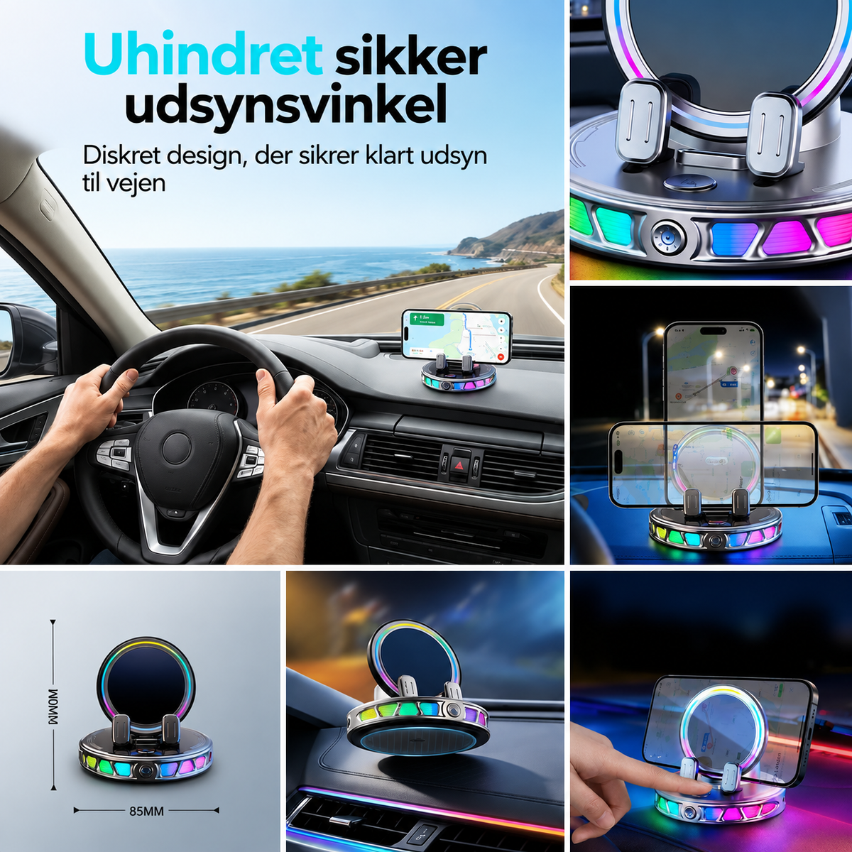 🌈 50 % rabat! 🚗 360° roterbar bilholder med trådløs opladning og RGB-stemningsbelysning