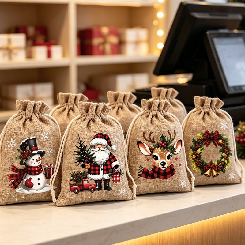 🎄 TIDSBEGRÆNSET 50 % RABAT! 🎁 Julegavposer med snor – Festlige nisse- og rensmotiver, dobbelt snor og bæredygtigt stof – Julestemning i hver eneste gave ✨